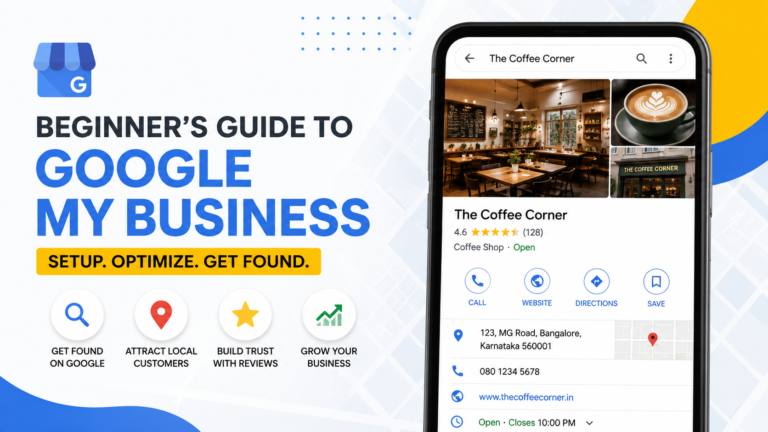 Google Business Profile beginner guide with a sample business listing and Google Maps visibility.